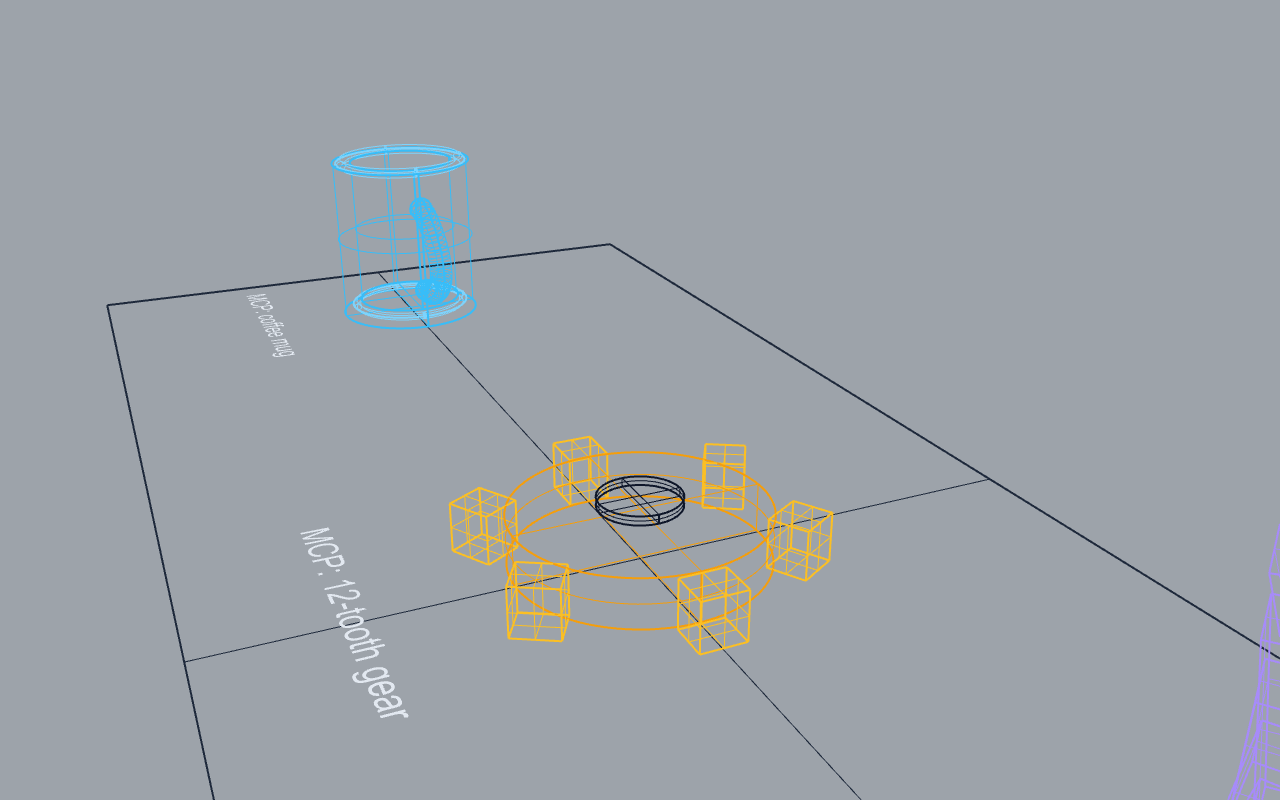 Coffee mug and 12-tooth gear built via MCP tool calls, shown as wireframe construction