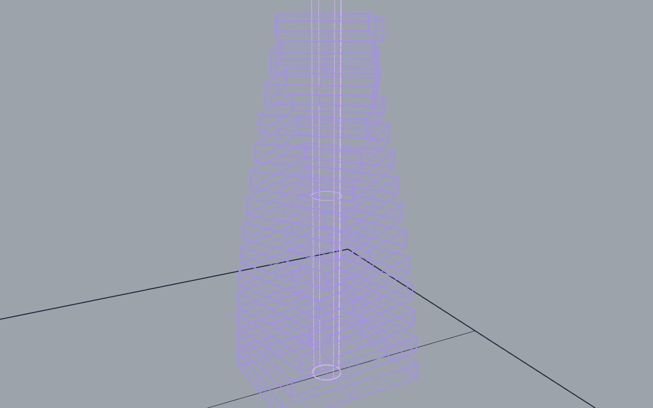 Parametric rotating floor tower shown as wireframe construction in Rhino